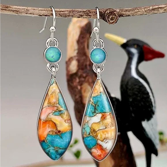 Geometric drop earrings with multicolor stone. - Picture 2 of 3